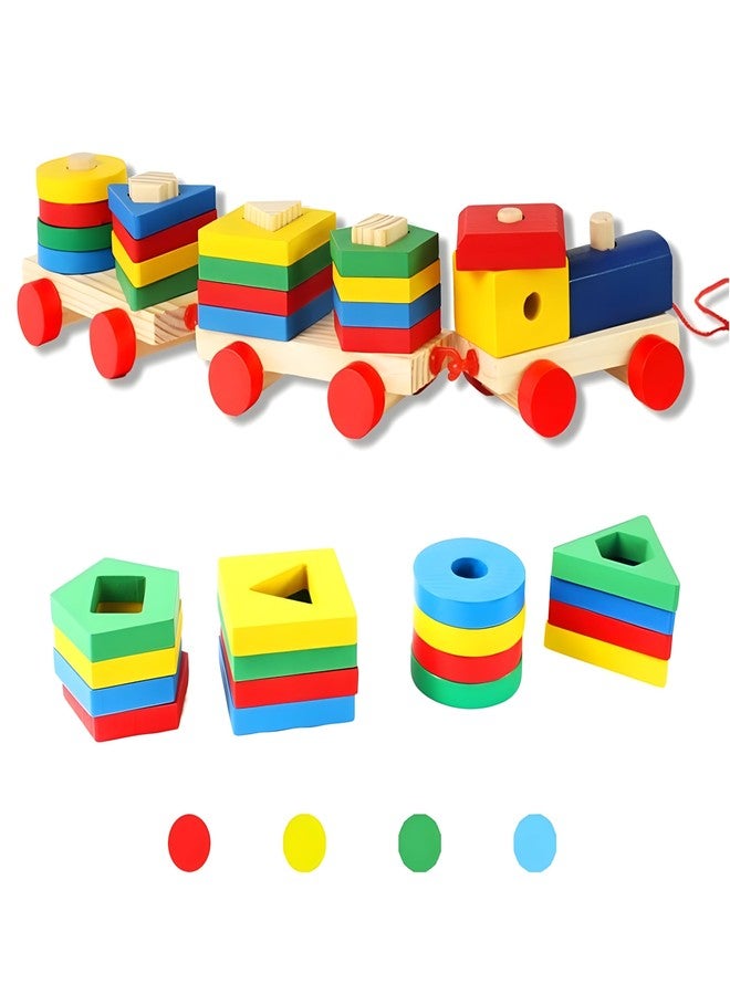 VERAT قطار خشبي للأطفال من فيرات | مكعبات تعليمية للتكديس بأشكال وألوان متنوعة | لعبة أحجية مونتيسوري للأولاد والبنات | قطار خشبي بأشكال متنوعة | ألعاب تعليمية للأطفال (متعددة الألوان) - Image 4